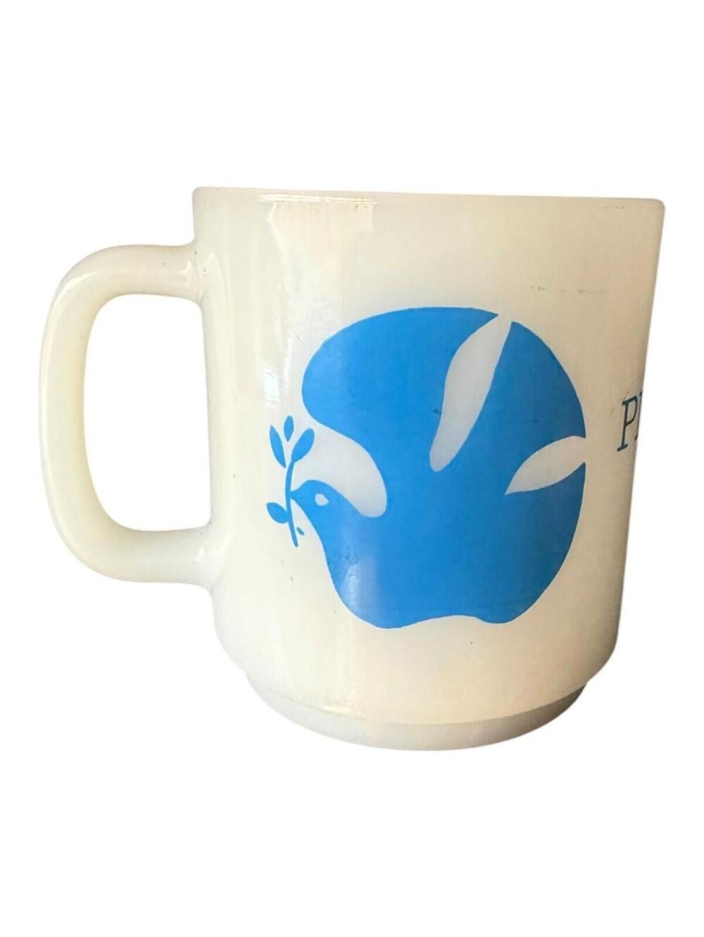 Vintage White Milk Glass Mug Peace Dove with an Olive Branch